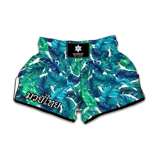 Teal Tropical Leaf Pattern Print Muay Thai Boxing Shorts