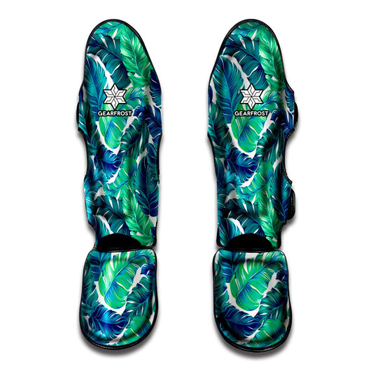 Teal Tropical Leaf Pattern Print Muay Thai Shin Guard