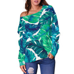 Teal Tropical Leaf Pattern Print Off Shoulder Sweatshirt GearFrost