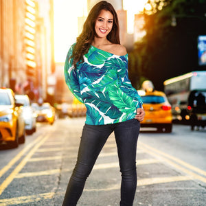 Teal Tropical Leaf Pattern Print Off Shoulder Sweatshirt GearFrost