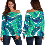 Teal Tropical Leaf Pattern Print Off Shoulder Sweatshirt GearFrost