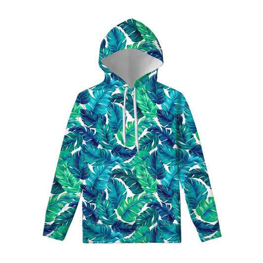 Teal Tropical Leaf Pattern Print Pullover Hoodie