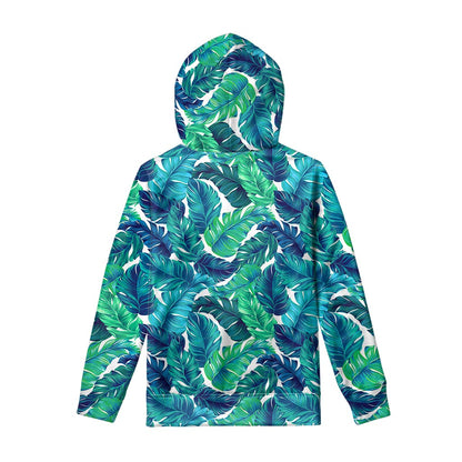 Teal Tropical Leaf Pattern Print Pullover Hoodie