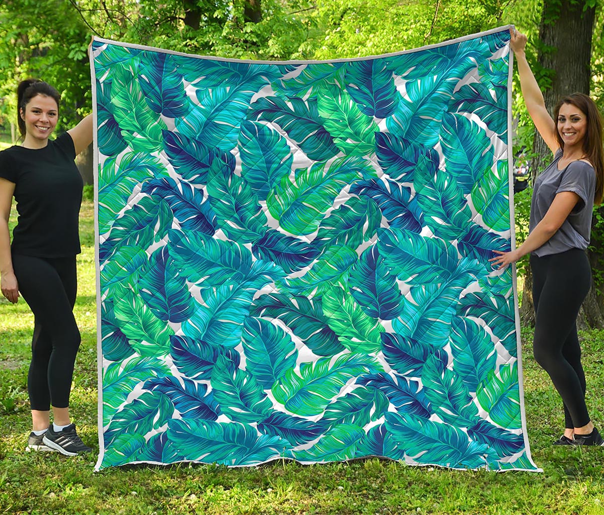 Teal Tropical Leaf Pattern Print Quilt