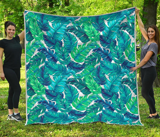 Teal Tropical Leaf Pattern Print Quilt
