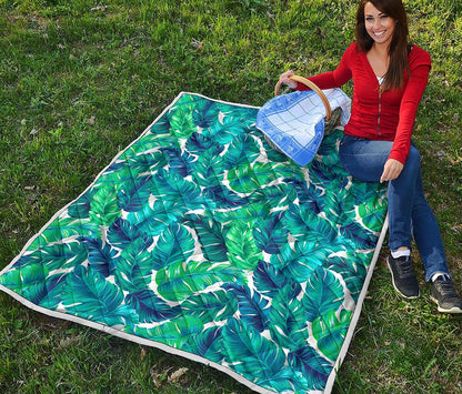 Teal Tropical Leaf Pattern Print Quilt