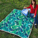 Teal Tropical Leaf Pattern Print Quilt