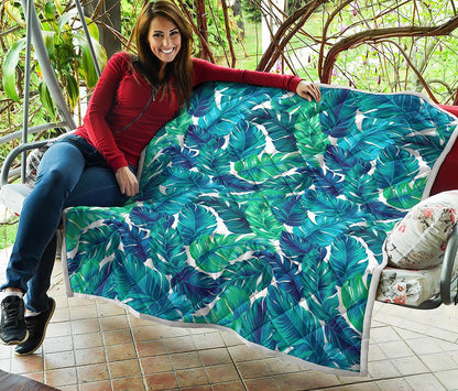 Teal Tropical Leaf Pattern Print Quilt