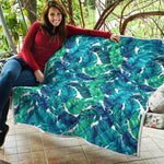 Teal Tropical Leaf Pattern Print Quilt