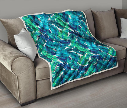 Teal Tropical Leaf Pattern Print Quilt