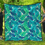 Teal Tropical Leaf Pattern Print Quilt