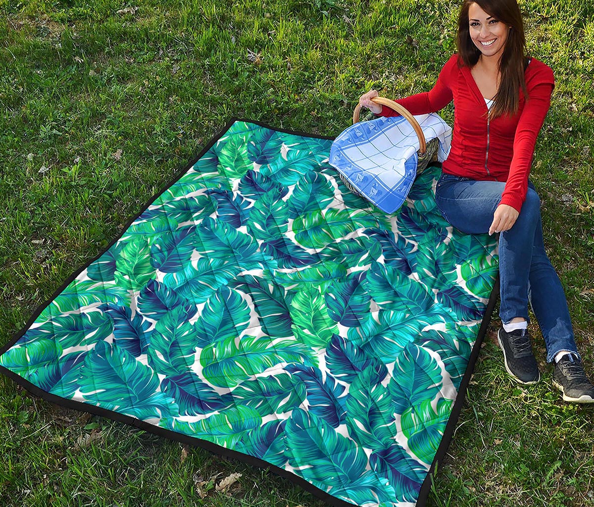 Teal Tropical Leaf Pattern Print Quilt