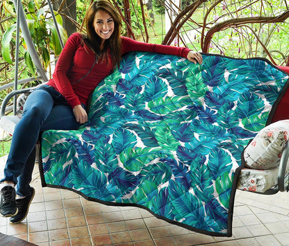 Teal Tropical Leaf Pattern Print Quilt