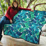Teal Tropical Leaf Pattern Print Quilt