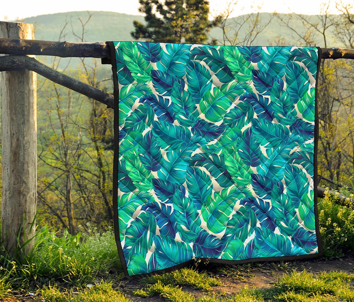 Teal Tropical Leaf Pattern Print Quilt