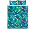 Teal Tropical Leaf Pattern Print Quilt Bed Set