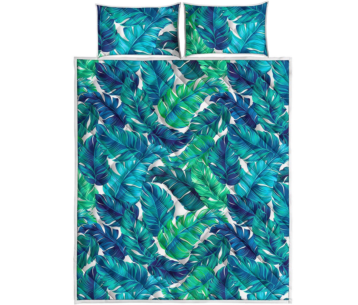 Teal Tropical Leaf Pattern Print Quilt Bed Set