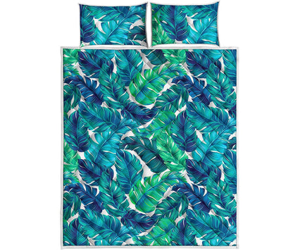 Teal Tropical Leaf Pattern Print Quilt Bed Set