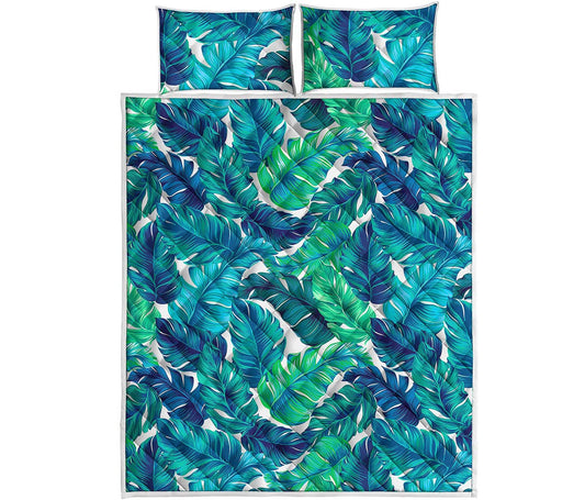 Teal Tropical Leaf Pattern Print Quilt Bed Set