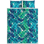 Teal Tropical Leaf Pattern Print Quilt Bed Set