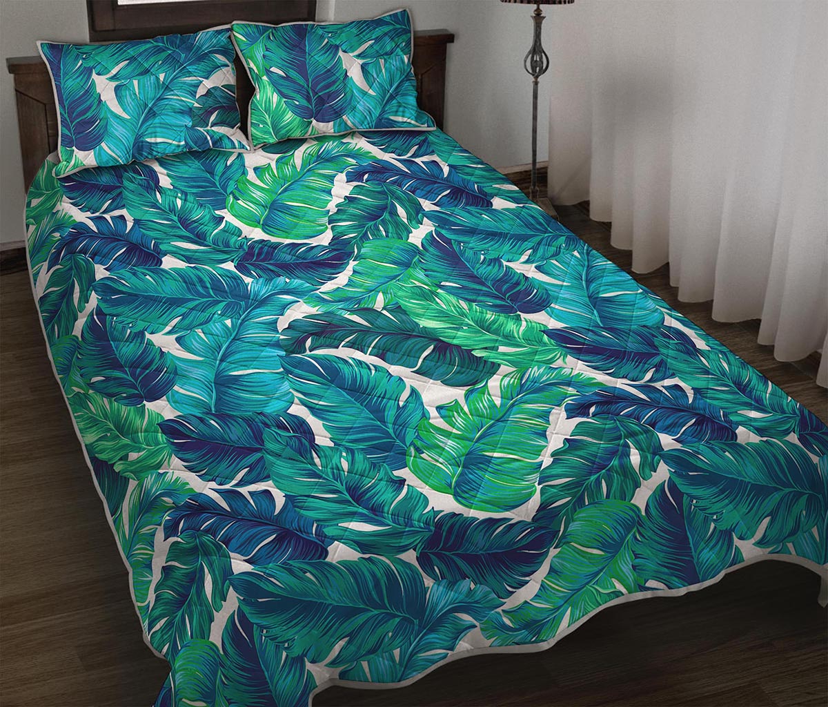 Teal Tropical Leaf Pattern Print Quilt Bed Set