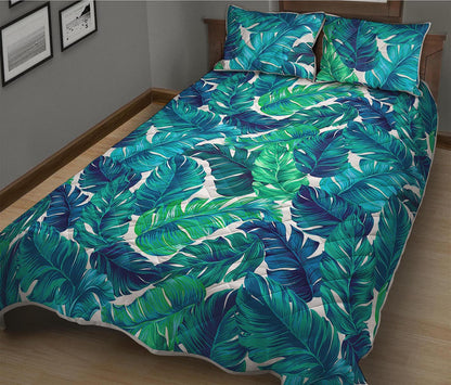 Teal Tropical Leaf Pattern Print Quilt Bed Set