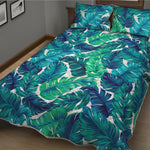 Teal Tropical Leaf Pattern Print Quilt Bed Set
