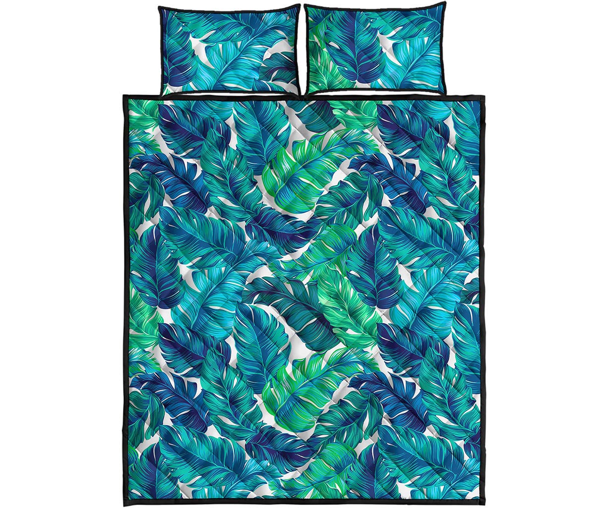 Teal Tropical Leaf Pattern Print Quilt Bed Set