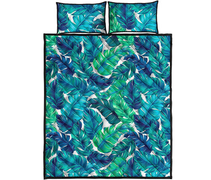 Teal Tropical Leaf Pattern Print Quilt Bed Set