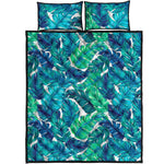 Teal Tropical Leaf Pattern Print Quilt Bed Set