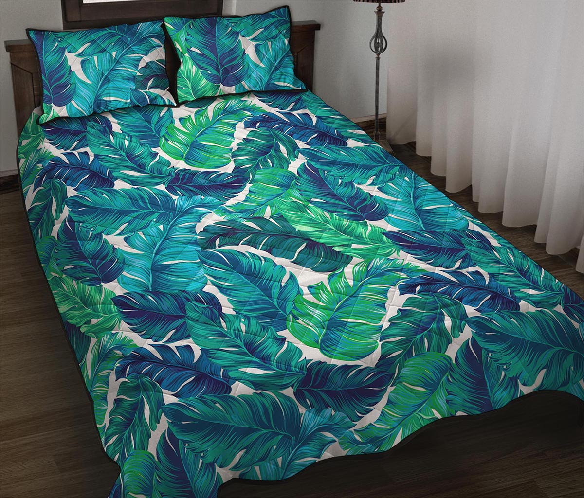 Teal Tropical Leaf Pattern Print Quilt Bed Set