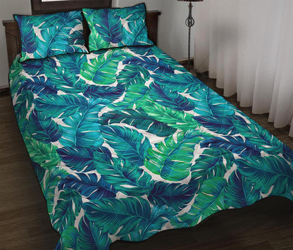 Teal Tropical Leaf Pattern Print Quilt Bed Set