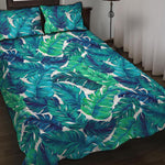 Teal Tropical Leaf Pattern Print Quilt Bed Set