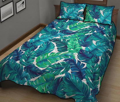 Teal Tropical Leaf Pattern Print Quilt Bed Set