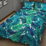 Teal Tropical Leaf Pattern Print Quilt Bed Set