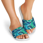 Teal Tropical Leaf Pattern Print White Slide Sandals