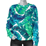 Teal Tropical Leaf Pattern Print Women's Crewneck Sweatshirt GearFrost
