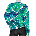 Teal Tropical Leaf Pattern Print Women's Crewneck Sweatshirt GearFrost