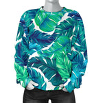 Teal Tropical Leaf Pattern Print Women's Crewneck Sweatshirt GearFrost