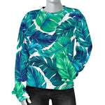 Teal Tropical Leaf Pattern Print Women's Crewneck Sweatshirt GearFrost