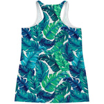 Teal Tropical Leaf Pattern Print Women's Racerback Tank Top