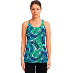 Teal Tropical Leaf Pattern Print Women's Racerback Tank Top