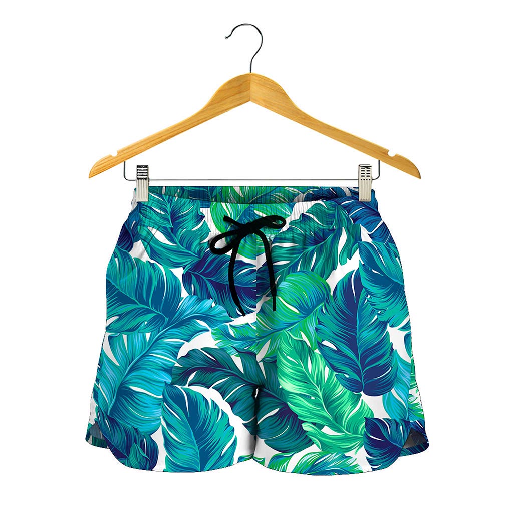 Teal Tropical Leaf Pattern Print Women's Shorts