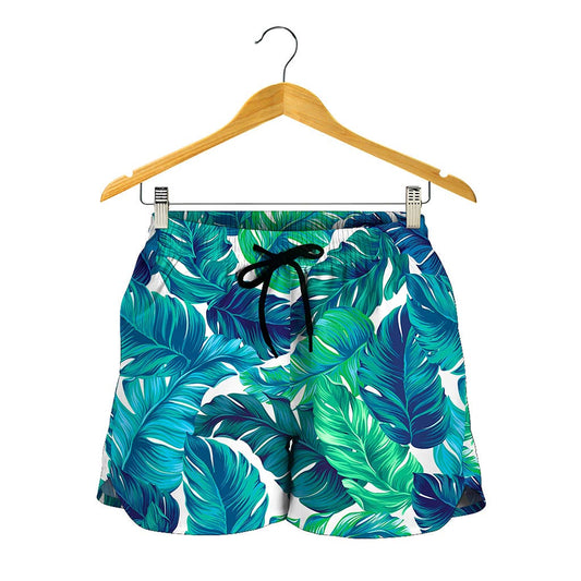 Teal Tropical Leaf Pattern Print Women's Shorts