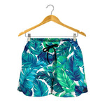 Teal Tropical Leaf Pattern Print Women's Shorts