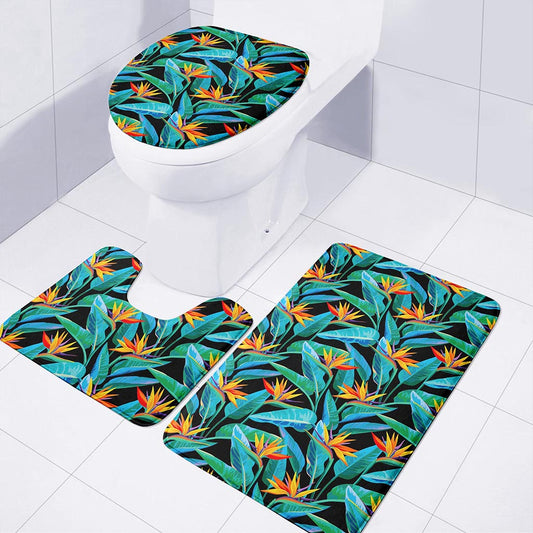 Teal Tropical Pattern Print 3 Piece Bath Mat Set