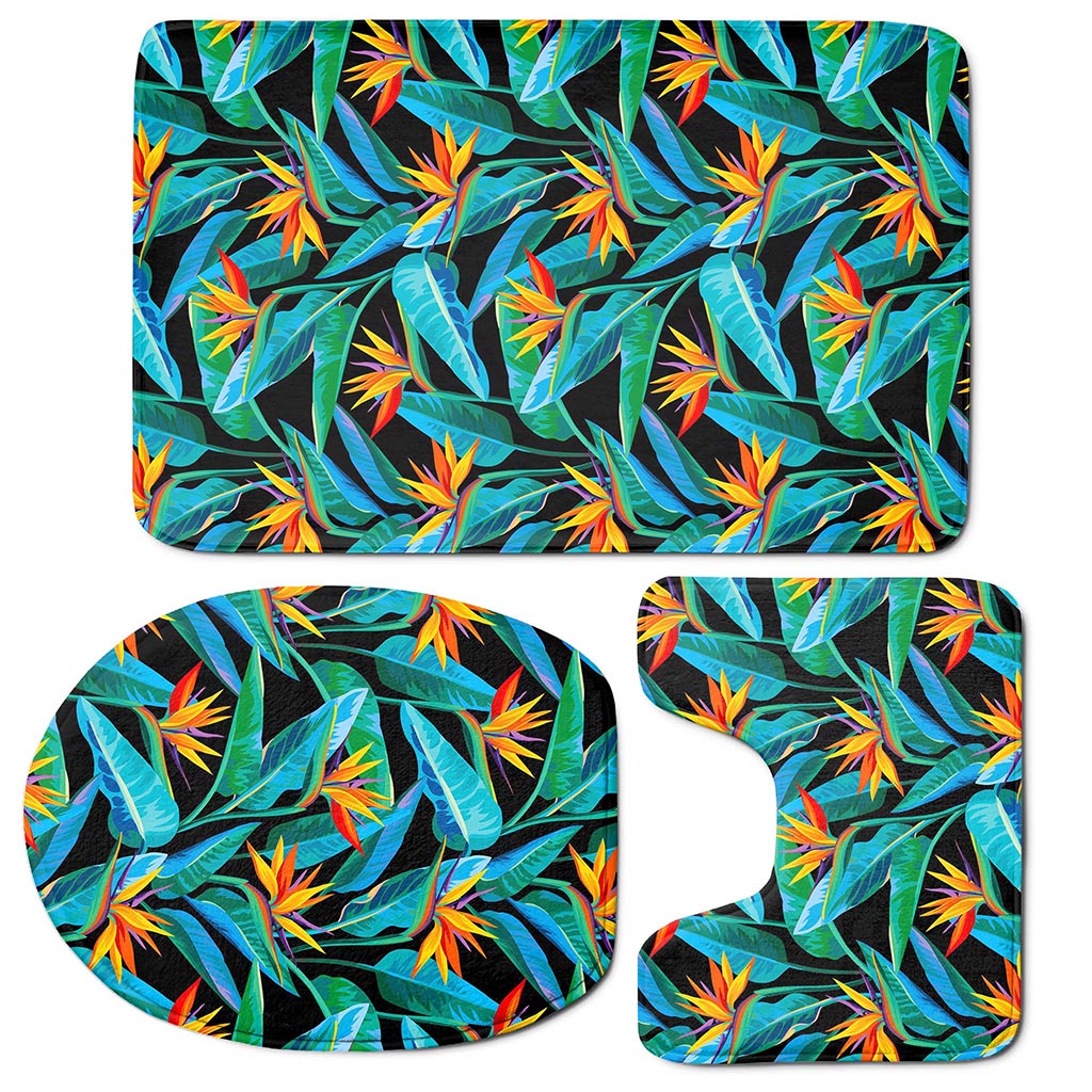 Teal Tropical Pattern Print 3 Piece Bath Mat Set