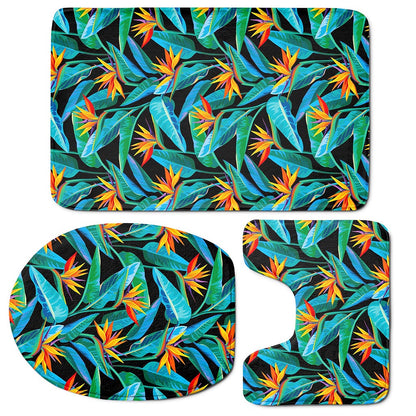 Teal Tropical Pattern Print 3 Piece Bath Mat Set