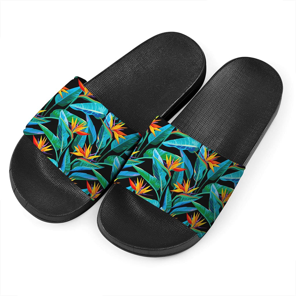 Teal Tropical Pattern Print Black Slide Sandals