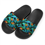 Teal Tropical Pattern Print Black Slide Sandals